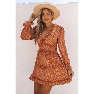LAST ONE! Plus Size Orange Floral Ruffle Mini Dress With Long Sleeves